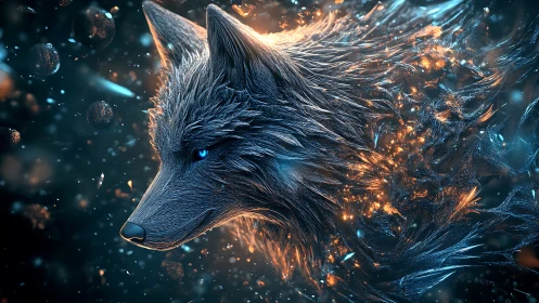 Stellar emberwolf dissolving into cosmic sparks of night.