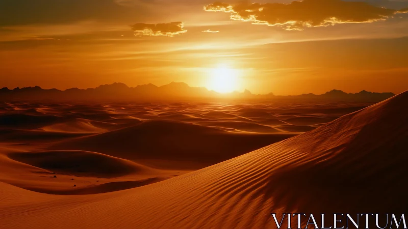 Low-sun desert dune panorama with backlit ridgeline silhouettes.