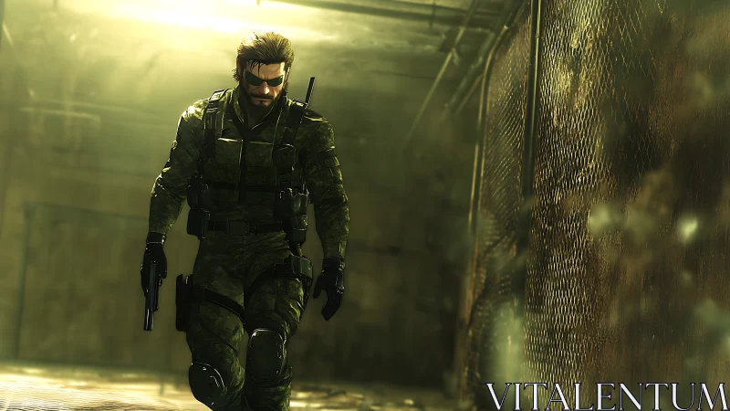 Stealth operative advancing through hazy industrial corridor.