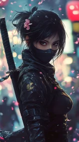 Masked female ninja in urban night scene with petals.