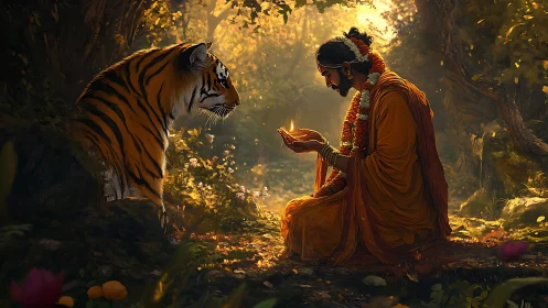 Forest mystic sharing lamplight with a watching tiger spirit.
