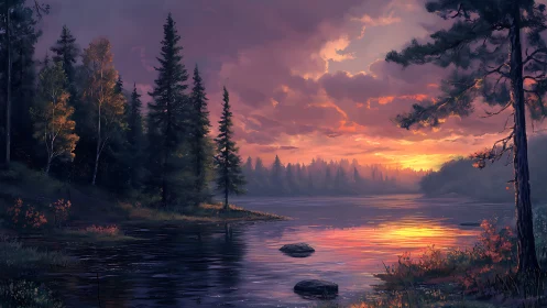 Tranquil forest lake glows beneath a soft, ember-hued sunset