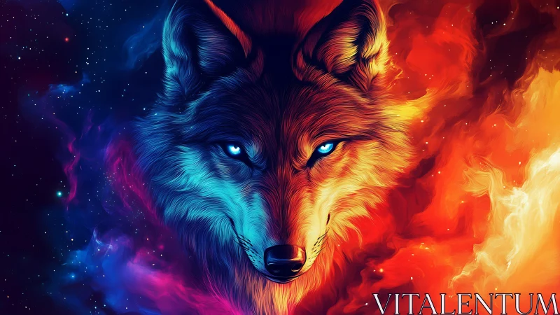 Cosmic spirit wolf glowing between fire and starlit night.