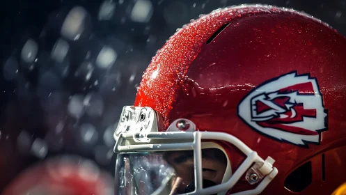 Close-up red football helmet with rain droplets in game