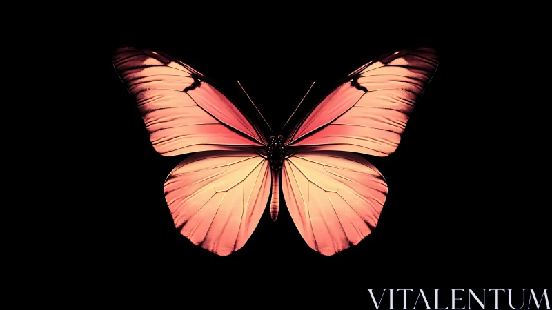 Luminous coral butterfly unfolds in midnight stillness.