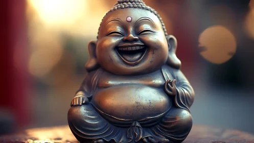 Smiling bronze Buddha statue gleams against soft bokeh light