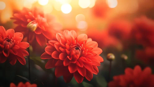 Crimson Dahlias Dancing in Golden Bokeh Magic.