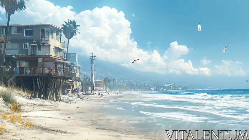 Coastal residential buildings on sandy shoreline under clouds.