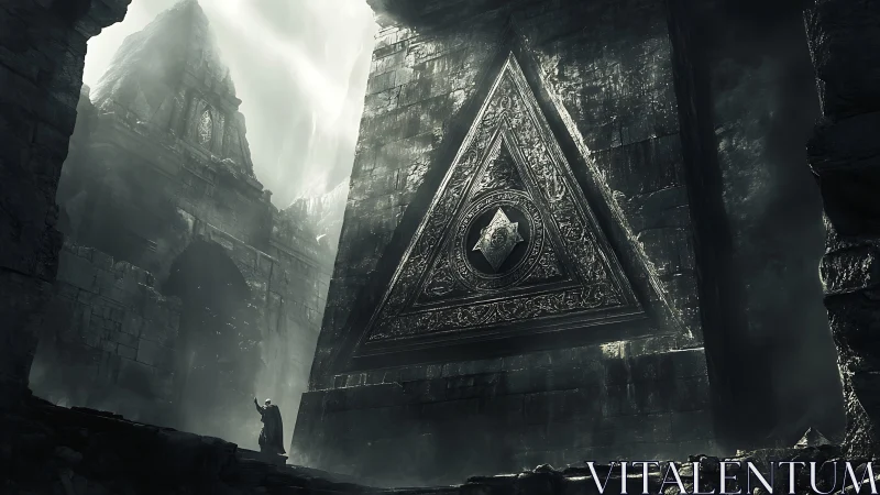 Massive triangular stone gate dominates dark ruined temple.