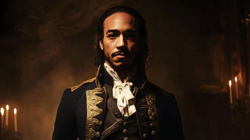 Regal male portrait in baroque uniform under dramatic candlelight