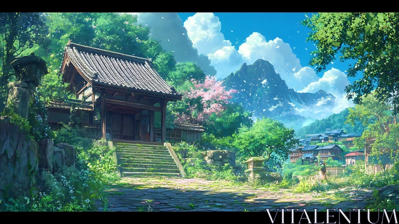 Mountain shrine entrance in lush spring village landscape.