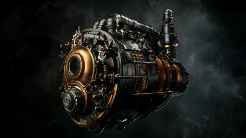 Steampunk-inspired cylindrical engine with copper detailing.