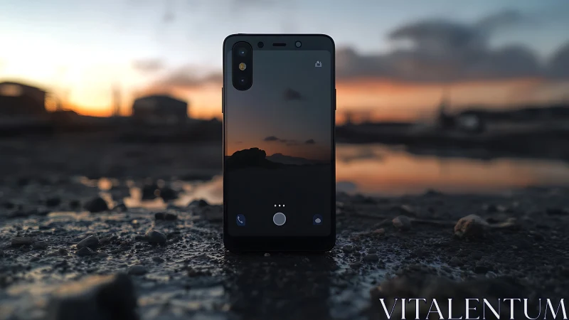 Dual-lens smartphone displaying sunset seascape through active camera interface