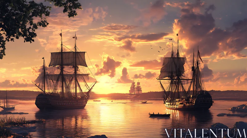 Historic sailing ships anchored in calm sunset harbor scene.