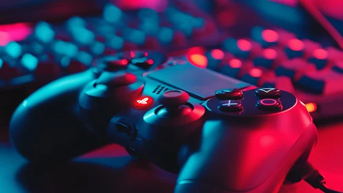 Game controller closeup under red and blue LED lighting.