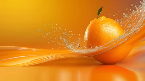 Vibrant orange splash with water in dynamic digital art style.