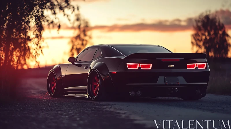 Widebody black muscle car with red wheels at sunset roadside