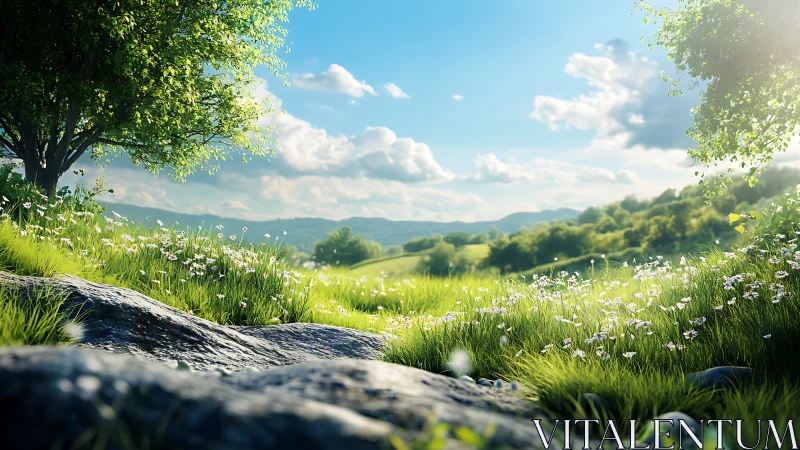 Sunlit meadow slope with rocks, grass and distant hills.