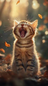 Young tabby cat sits among autumn leaves and yawns outdoors