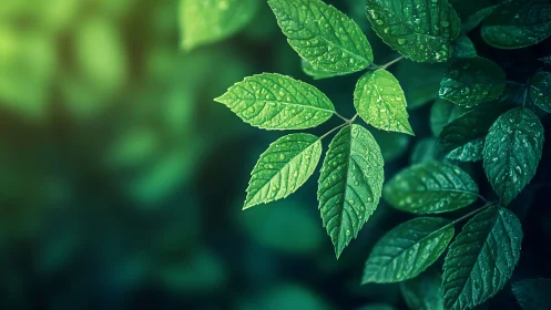 Green leaves with water droplets against dark blurred foliage.
