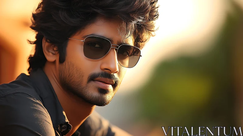 Sunlit rebel gaze in sleek shades and tousled midnight hair.