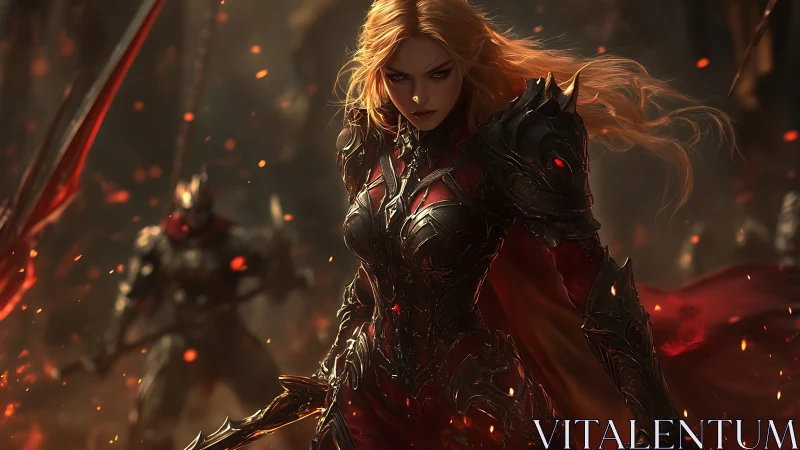 Blazing warlord queen strides through ember-swept battlefield.