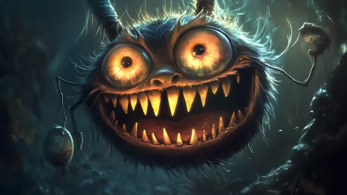 Furry glowing monster with huge grin in dark cavern.