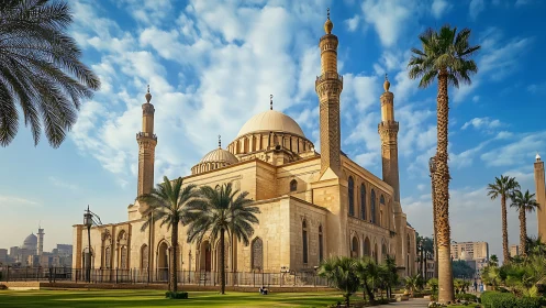 Golden mosque calm under tall palms and a wide blue sky.