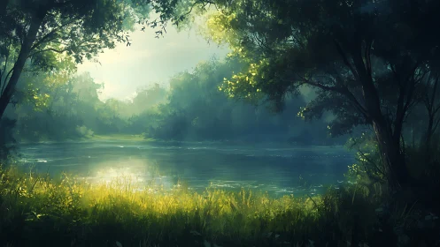 Luminescent River Sanctuary Cloaked in Emerald Dreams