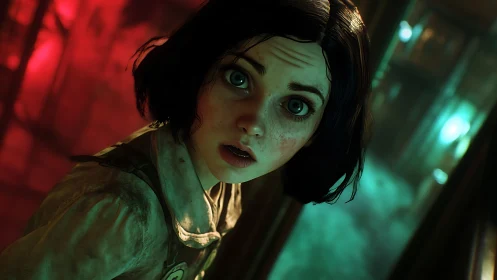 Young woman rendered in close-up within neon lit corridor