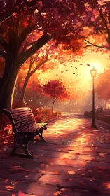Autumn park bench glows beneath radiant golden sunset light.