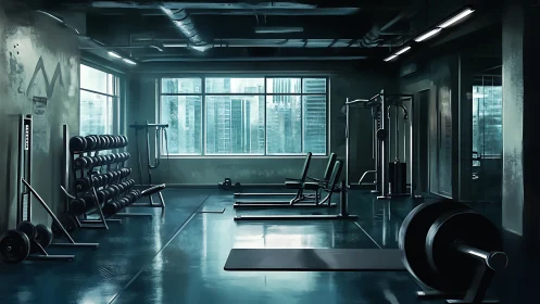 Empty urban weight room captures cool pre-dawn training mood