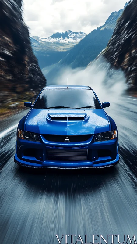 Blue rally car charging through misty mountain canyon road.