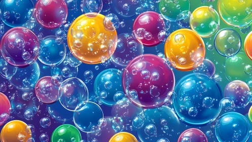Colorful translucent bubbles overlap against deep blue field