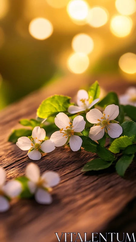 Small White Flowers on Weathered Wood With Bokeh Background.