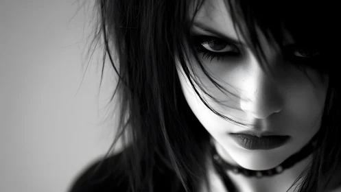 Monochrome goth portrait isolates an intense, shadowed gaze