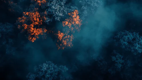 Neon fractal forest canopy in deep teal atmospheric haze.