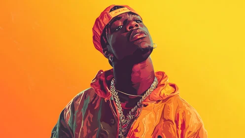 Vibrant vector portrait of hip hop figure against gradient field