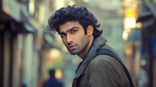 Urban portrait captures thoughtful young man in soft light.