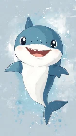Smiling baby shark twirls through splashed pastel seas.