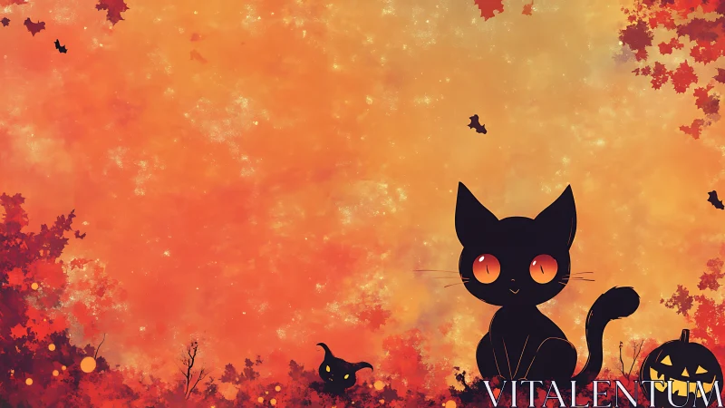 Black Cat with Glowing Eyes in Autumn Dusk Scene