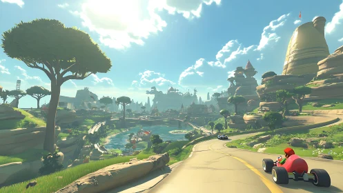 Kart racers speed through a sunlit canyon fantasy city