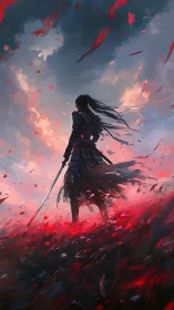 Solitary katana warrior in red field under storm-lit sky