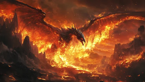 Blazing fire dragon spreads molten wings across volcanic sky