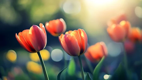 Red-Orange Tulips Glowing in Soft Golden Sunlight.