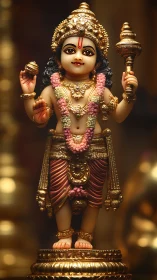Ornate child deity statue with garlands on golden pedestal.