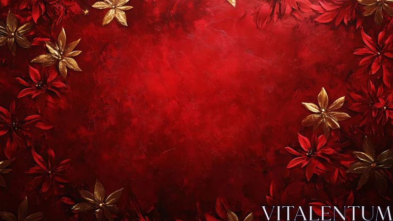Red textured background with gold and red floral border.