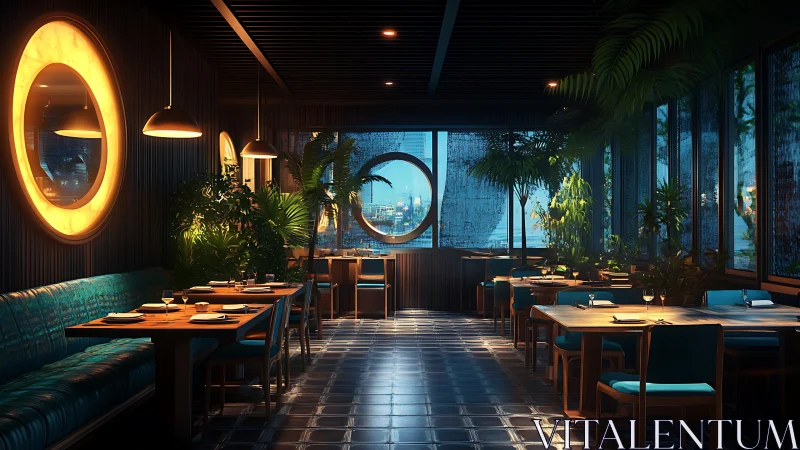 Moonlit lagoon restaurant glows over rain-kissed cityscape.