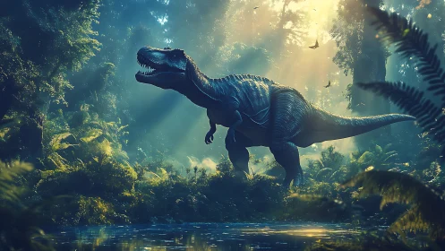 Tyrannosaurus rex rendered in dense prehistoric forest environment.