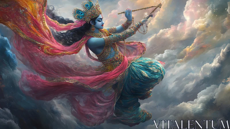 Skyborne blue deity playing a flute in jeweled tempest robes.